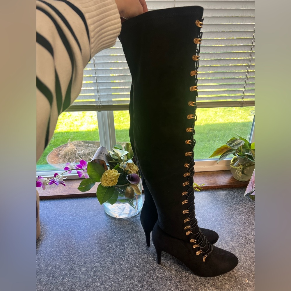 Journee Collection Wide Calf Over-the-Knee Lace-Up Boots - Faux Suede - Size 8.5